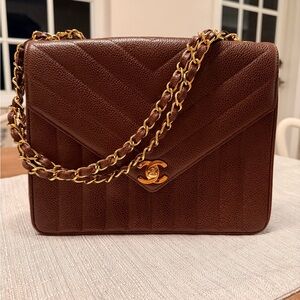 ✨ Vintage CHANEL Brown Coco Caviar Chevron Flap Bag | 24k Gold-Plated Hardware ✨